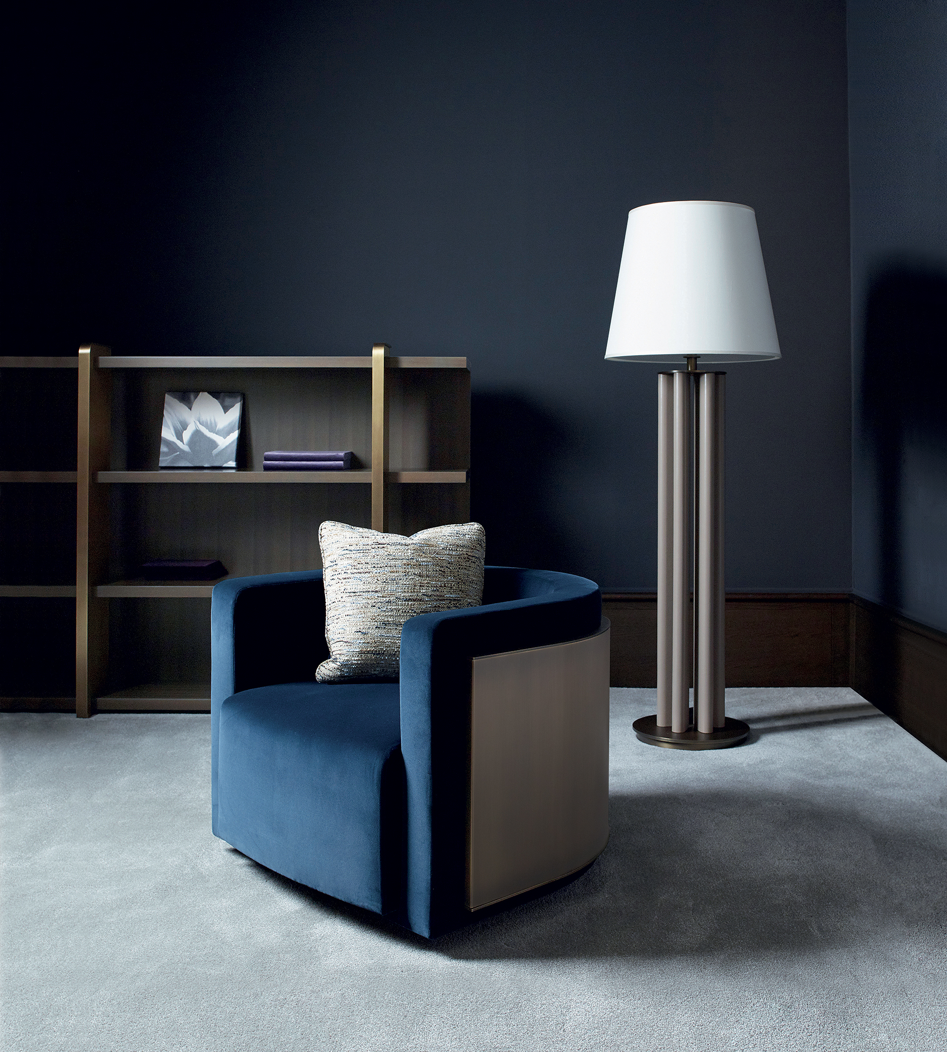 Pervinca is a swivel bronze armchair with a wooden base and fabric covering, from Promemoria's Amaranthine Tales collection | Promemoria