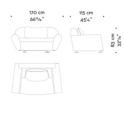 Dimensions of Artù, a sofa covered in fabric with bronze feet, from Promemoria's catalogue | Promemoria