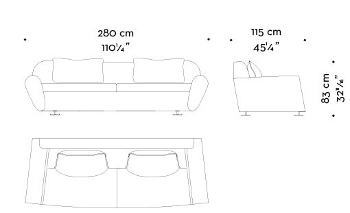 Dimensions of Artù, a sofa covered in fabric with bronze feet, from Promemoria's catalogue | Promemoria