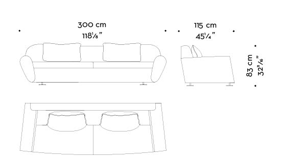 Dimensions of Artù, a sofa covered in fabric with bronze feet, from Promemoria's catalogue | Promemoria