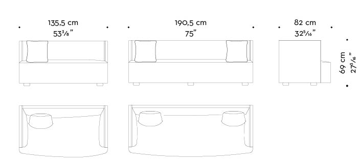 Dimensions of Boccaccio, a bronze sofa covered in fabric or leather, from Promemoria's catalogue | Promemoria