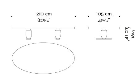 Dimensions of elliptical Bassano, a bronze coffee table, covered in leather or inlaid top, from Promemoria's catalogue | Promemoria