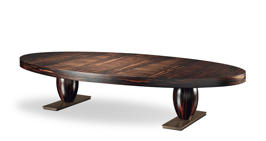 Bassano is an elliptical or rectangular bronze coffee table, covered in leather or inlaid top, from Promemoria's catalogue | Promemoria