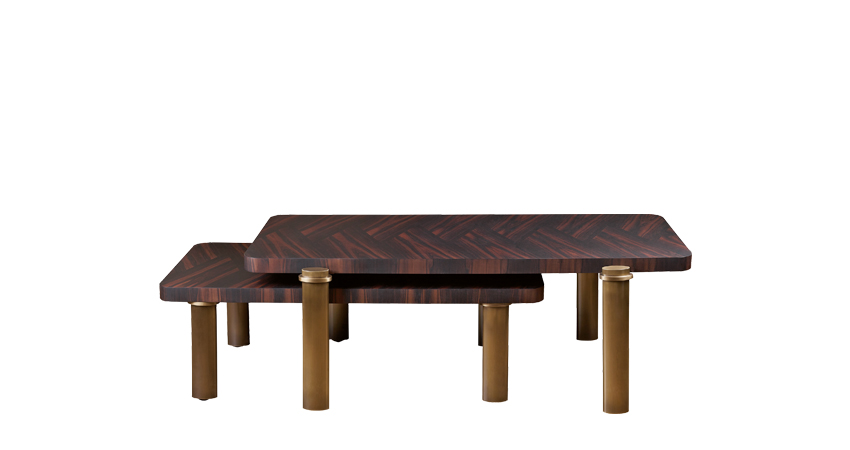 Passepartout实木双咖啡桌配有滚轮和青铜装饰，请参见Promemoria产品目录 | Promemoria