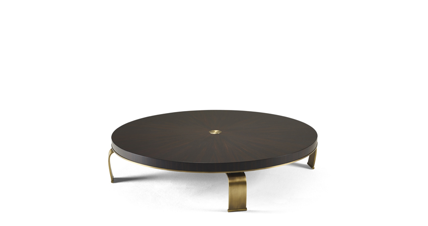 Sumo is an oval or rectangular coffee table with wooden top and bronze legs, from Promemoria's Sun Tales collection | Promemoria