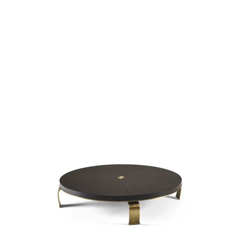 Sumo is an oval or rectangular coffee table with wooden top and bronze legs, from Promemoria's Sun Tales collection | Promemoria