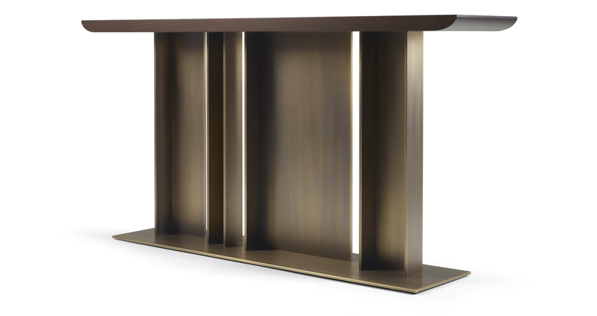 Nila is a console with bronze base and wooden top, from Promemoria's Indigo Tales collection | Promemoria