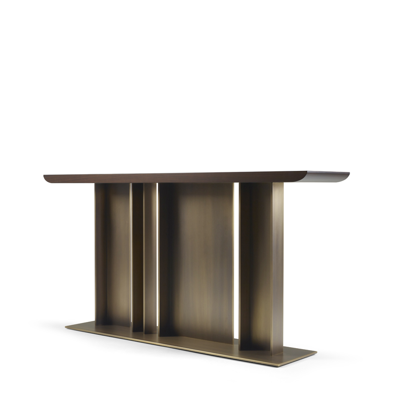 Nila is a console with bronze base and wooden top, from Promemoria's Indigo Tales collection | Promemoria