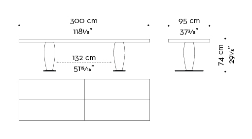 Dimensions of rectangular Bassano, an impressive wooden dining table with a bronze base available with inlaid top, from Promemoria's catalogue | Promemoria