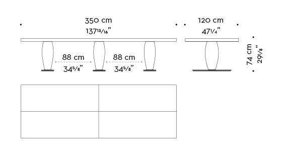 Dimensions of rectangular Bassano, an impressive wooden dining table with a bronze base available with inlaid top, from Promemoria's catalogue | Promemoria