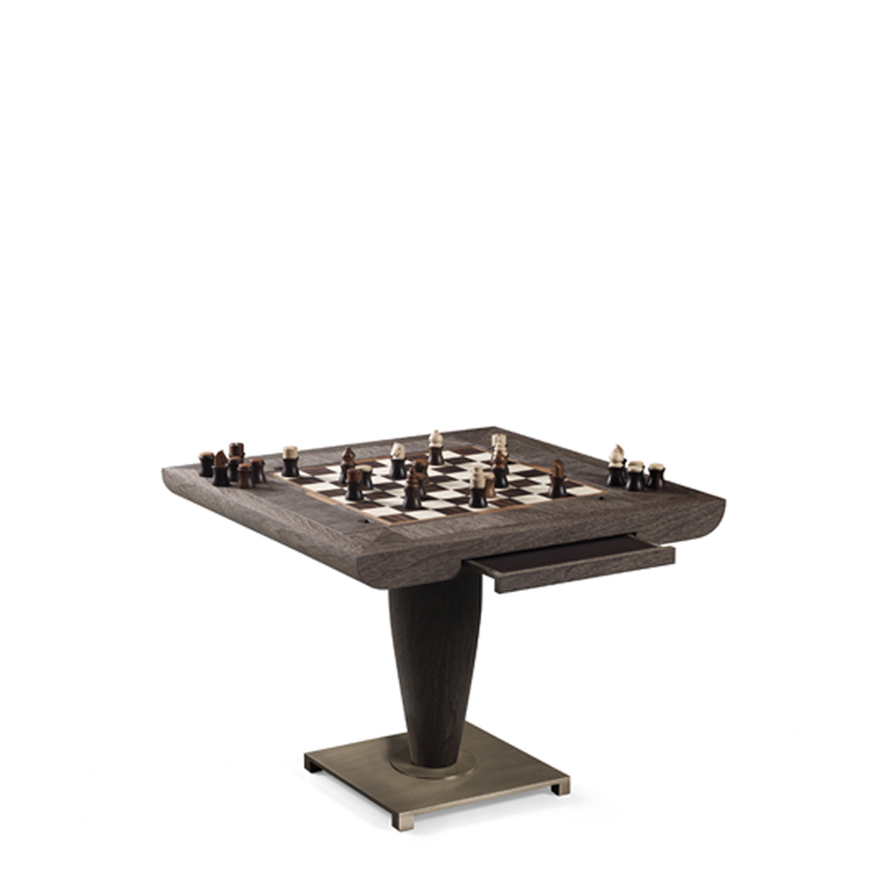 Bassano da gioco is a wooden gaming table with bronze base equipped for several board games, from Promemoria's catalogue | Promemoria